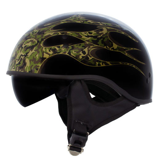 Hot Leathers HLD1047 Gloss Black Camo Skull Flames DOT Skull Half Motorcycle Helmet w/ Drop Down Tinted Visor