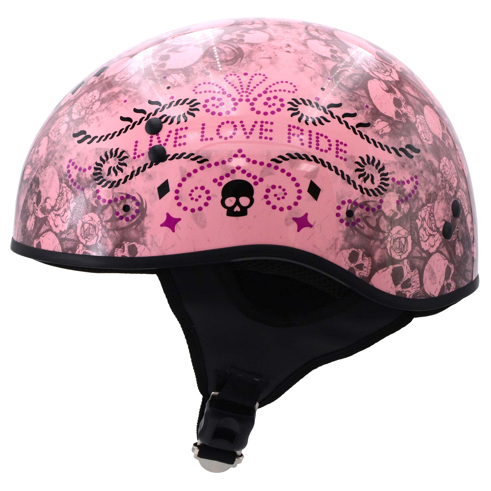 Hot Leathers HLD1048 Live, Love Ride Gloss Pink Motorcycle DOT Approved Skull Cap Half Biker Helmet