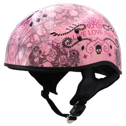 Hot Leathers HLD1048 'Live, Love Ride' Gloss Pink Motorcycle DOT Approved Skull Cap Half Biker Helmet