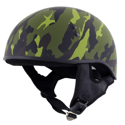 Hot Leathers Camo Matte Green Motorcycle Skull Cap Half Helmet for Men and Women DOT Approved HLD1049