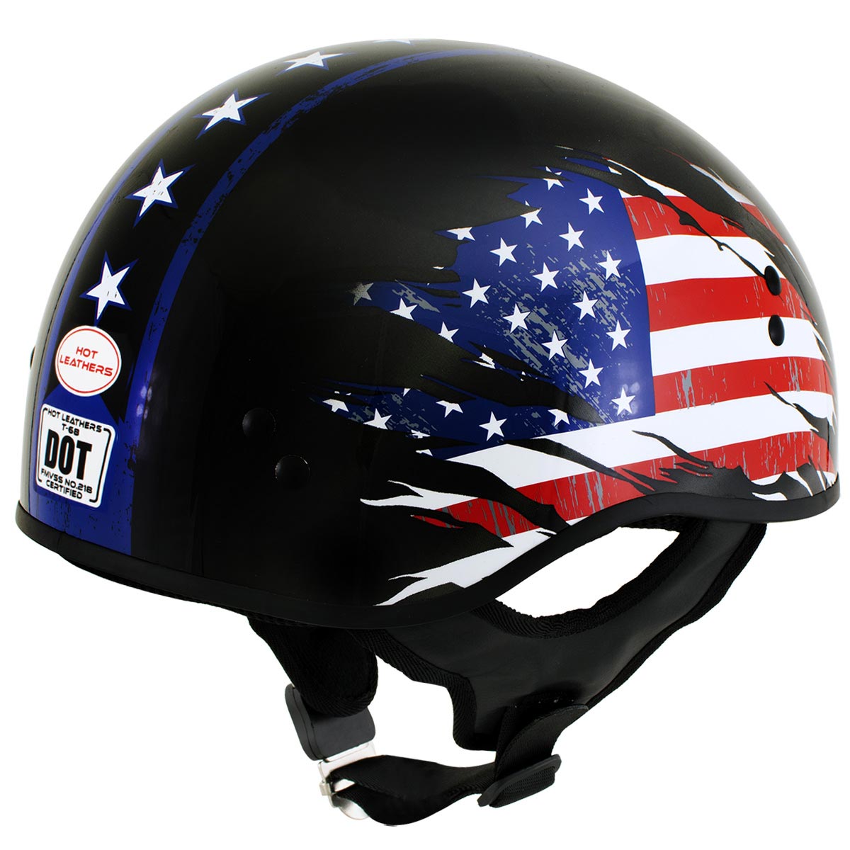 Hot Leathers HLT68 American Flag Black Glossy Motorcycle Skull Cap Half Helmet DOT Approved