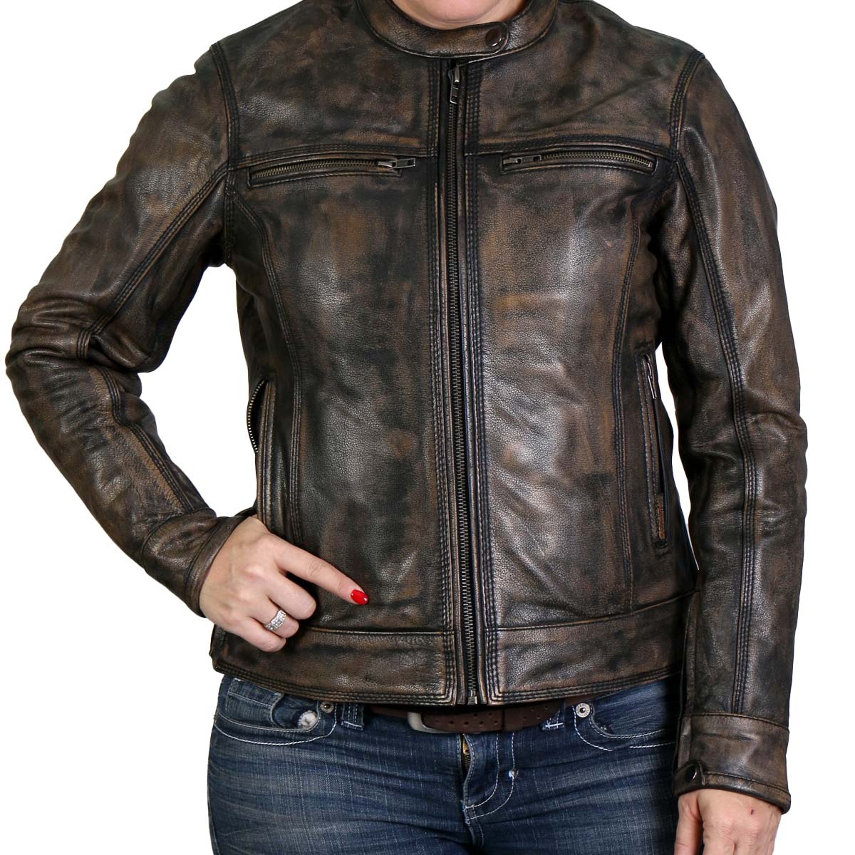 Hot Leathers JKL1024 Women's Distressed Brown Leather Jacket with Conceal and Carry Pockets
