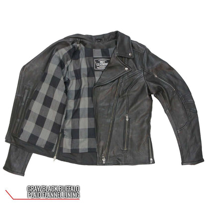 Hot Leathers JKL1034 Ladies Black Leather MC Jacket with Plaid Flannel Lining