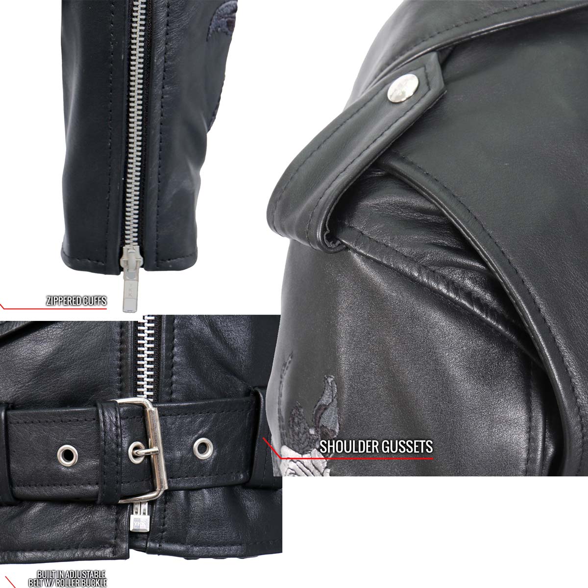 Hot Leathers Ladies Black Bouquet Black Leather Motorcycle Jacket