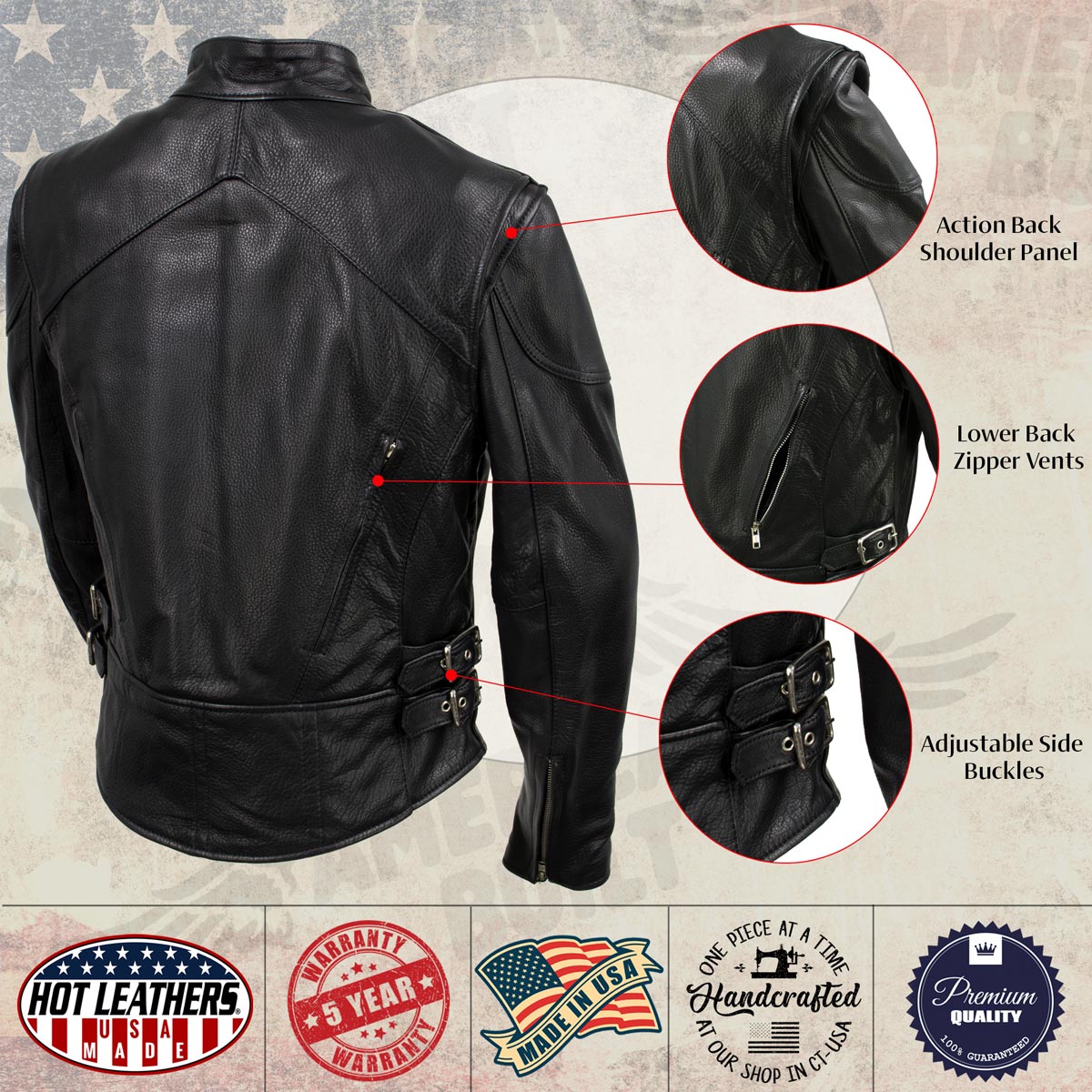 Hot Leathers JKL5001 USA Made Women's 'Foxy' Black Premium Leather Jacket with Vents