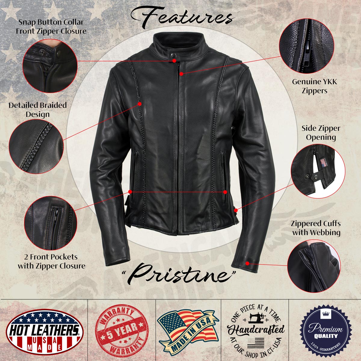 Hot Leathers JKL5002 USA Made Women's 'Pristine' Black Premium Motorcycle Leather Jacket