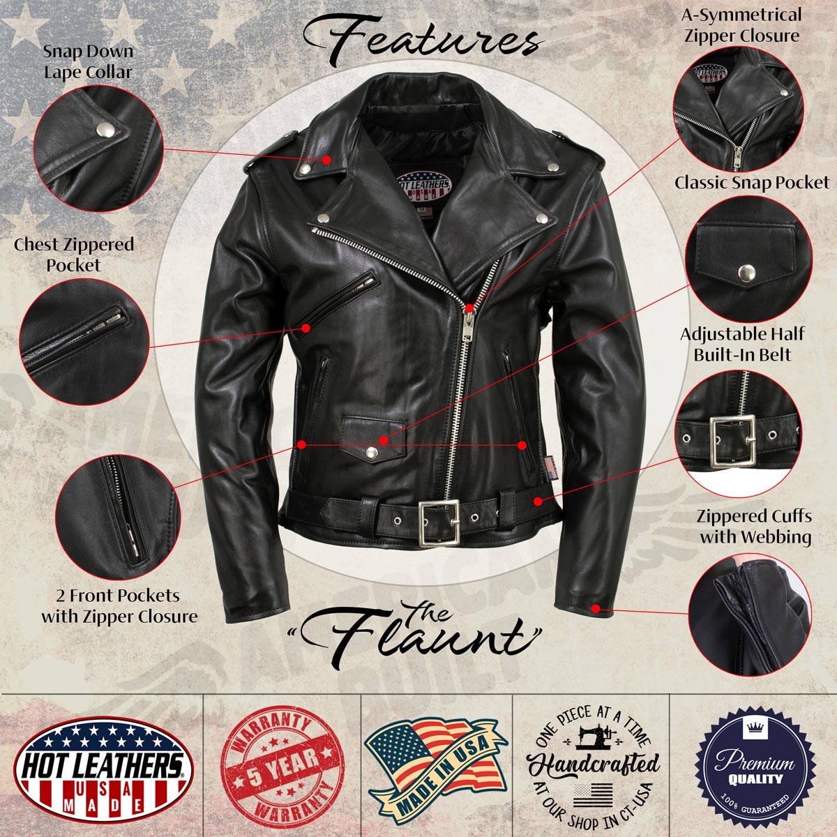 Hot Leathers JKL5004 USA Made Womens 'The Flaunt' Premium Black Classic Motorcycle Style Leather Jacket