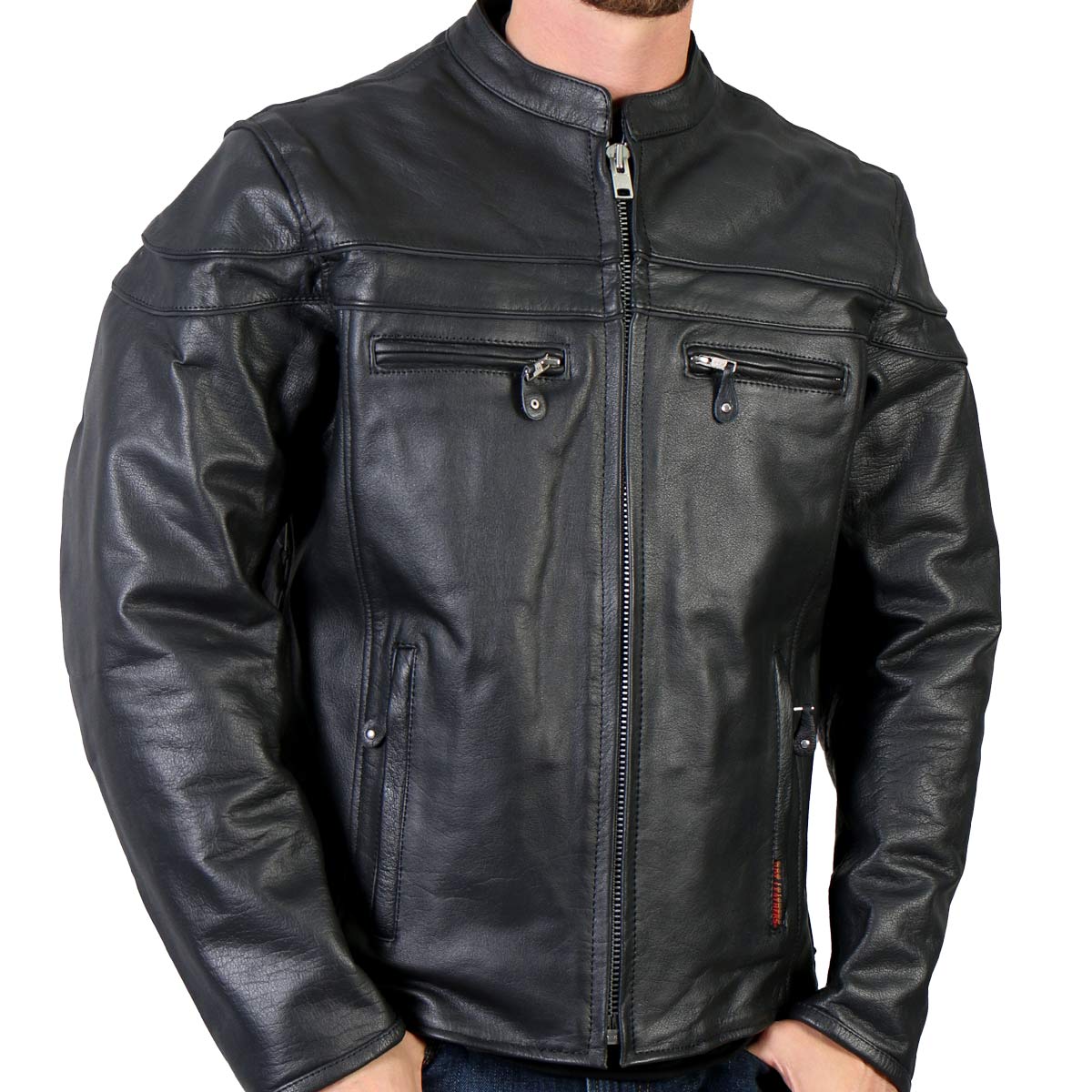 Hot Leathers JKM1011 Men's Black Leather Vented Motorcycle Racer Jacket with Double Piping