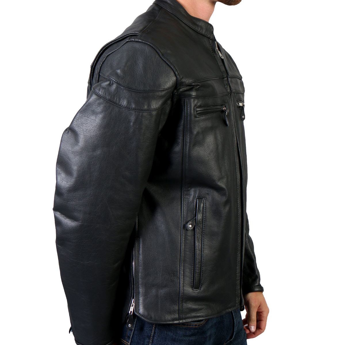 Hot Leathers JKM1011 Men's Black Leather Vented Motorcycle Racer Jacket with Double Piping