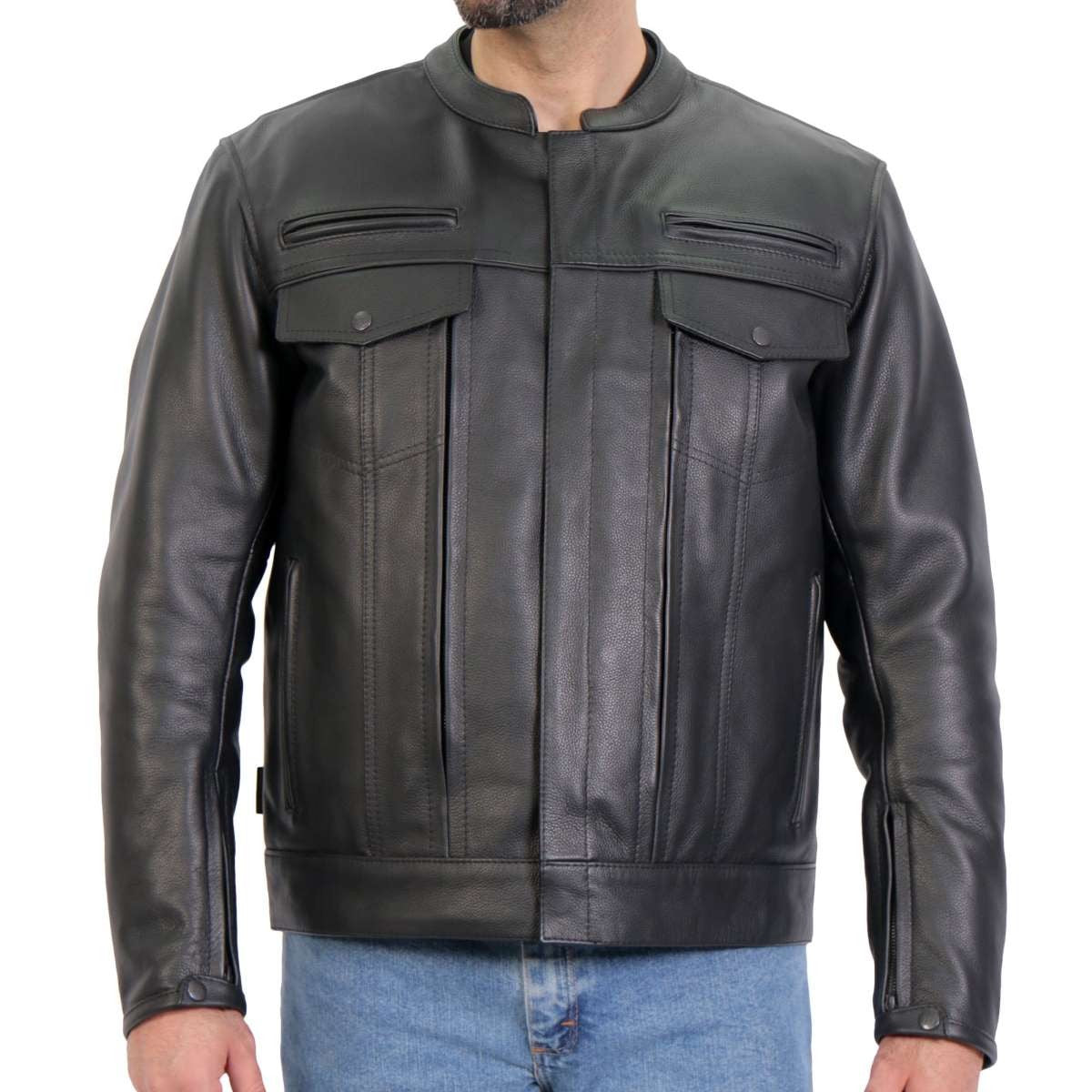 Hot Leathers JKM1028 Men's Black Leather MC Jacket with Zip Out Lining