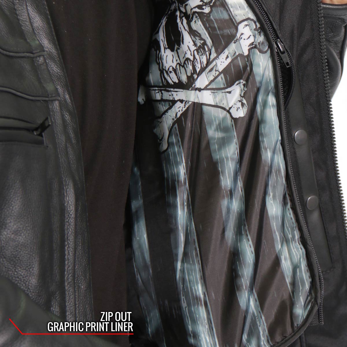 Hot Leathers JKM1032 Men’s Black ‘Skull Flag' Printed Leather Jacket with Concealed Carry Pockets