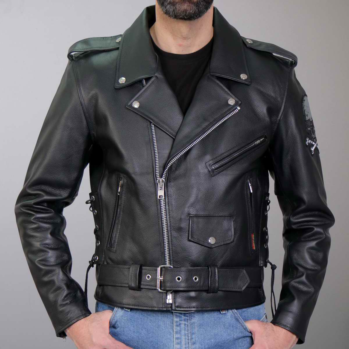 Hot Leathers JKM2001 Men’s Black ‘Skull And Crossbones' Motorcycle Leather Jacket