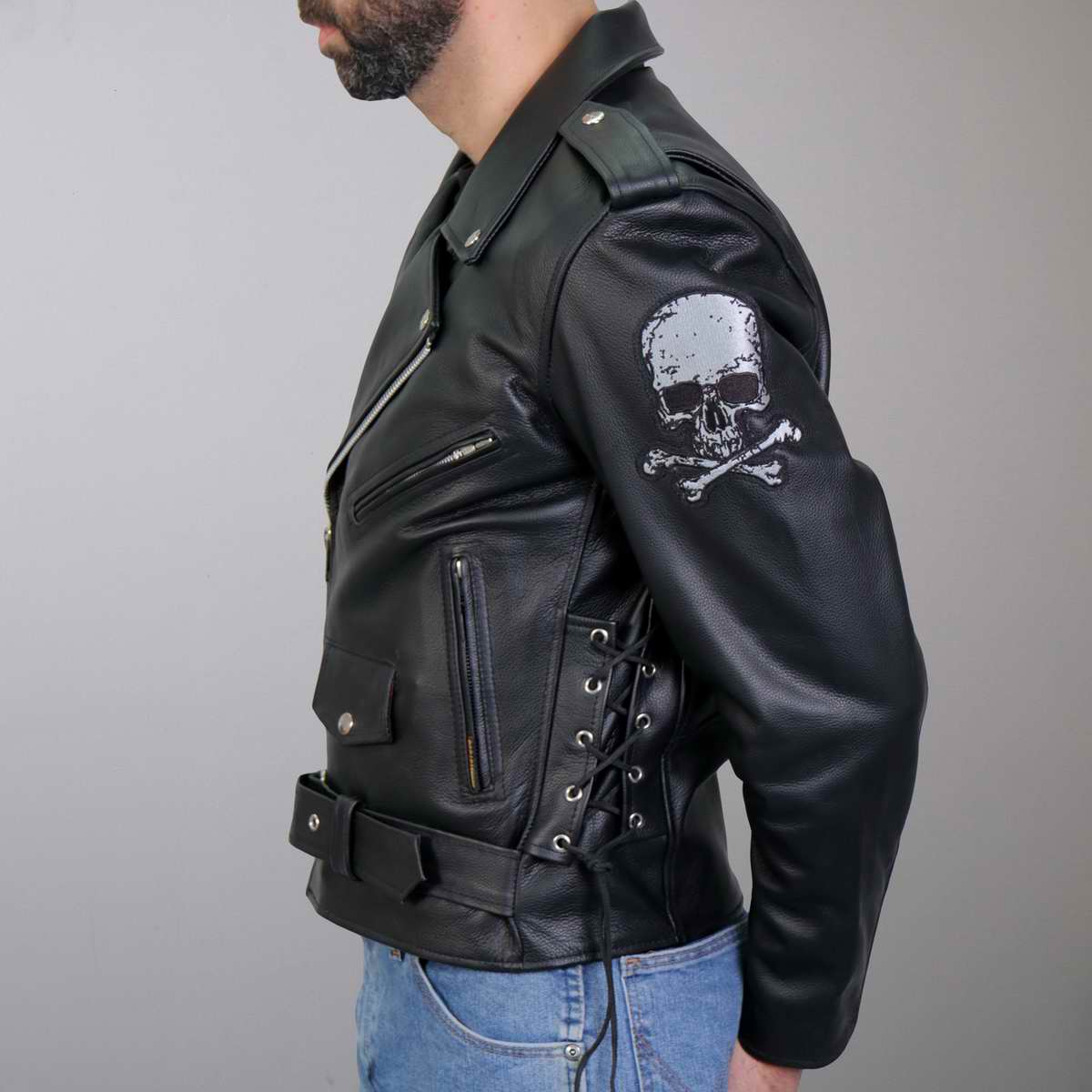 Hot Leathers JKM2001 Men’s Black ‘Skull And Crossbones' Motorcycle Leather Jacket