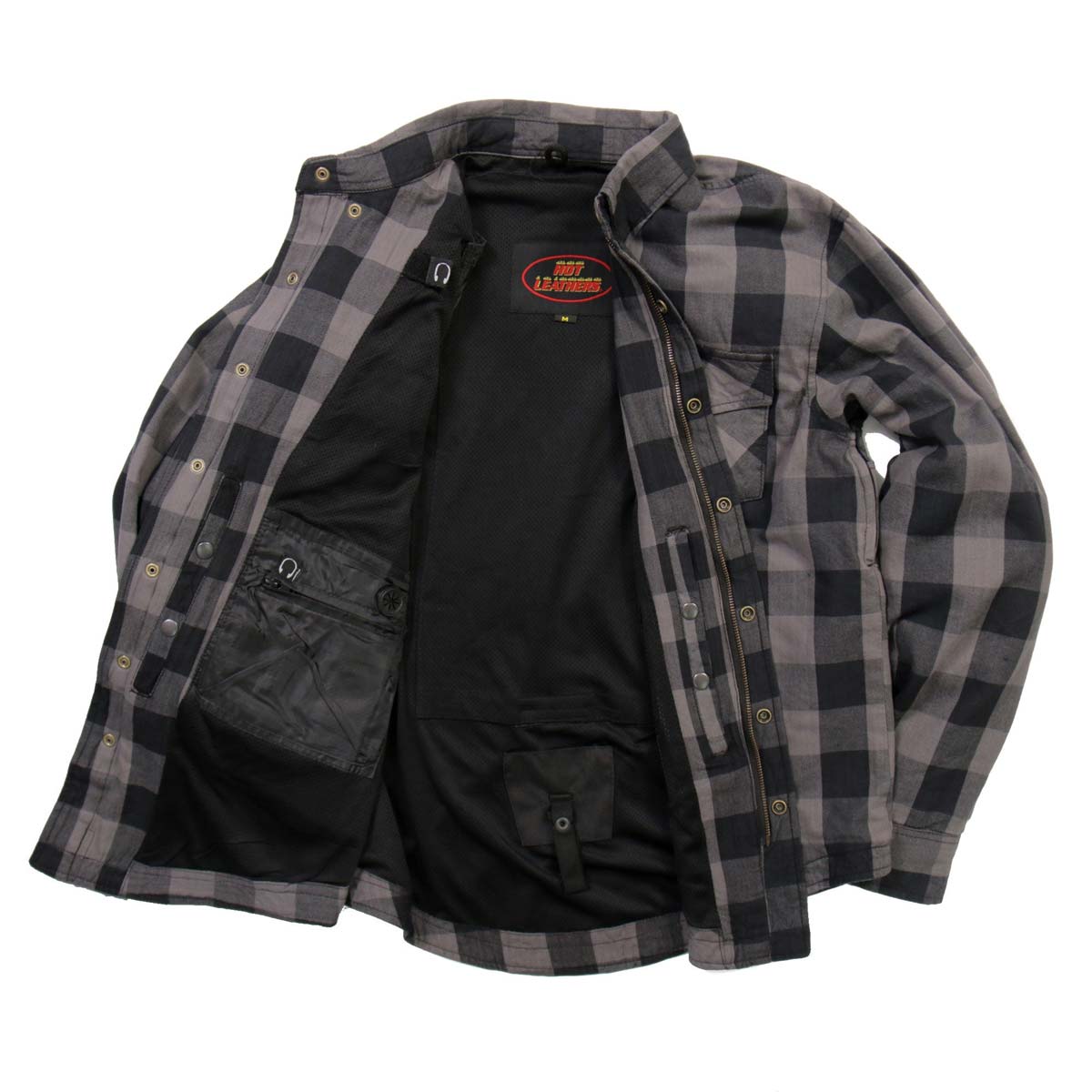 Hot Leathers JKM3004 Men's Grey and Black Armored Flannel Motorcycle Shirt-Jacket w/ CE Armor Protection