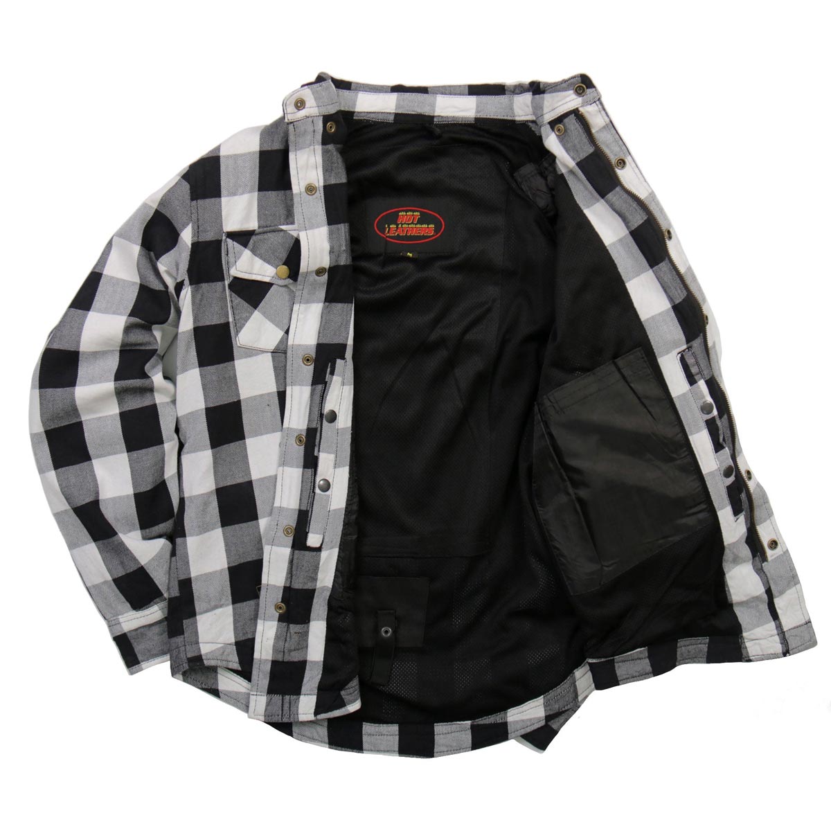 Hot Leathers JKM3005 Men's White and Black Armored Flannel Motorcycle Shirt-Jacket w/ CE Armor Protection