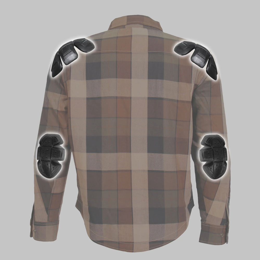 Hot Leathers JKM3007 Men's Black and Brown Armored Flannel Motorcycle Shirt-Jacket w/ CE Armor Protection