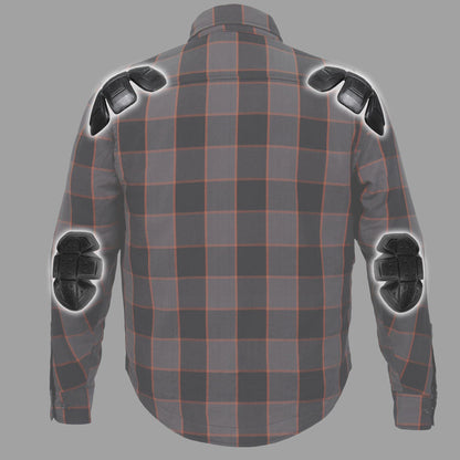 Hot Leathers JKM3010 Men's Black/Grey/Orange Armored Flannel Motorcycle Shirt-Jacket w/ CE Armor Protection