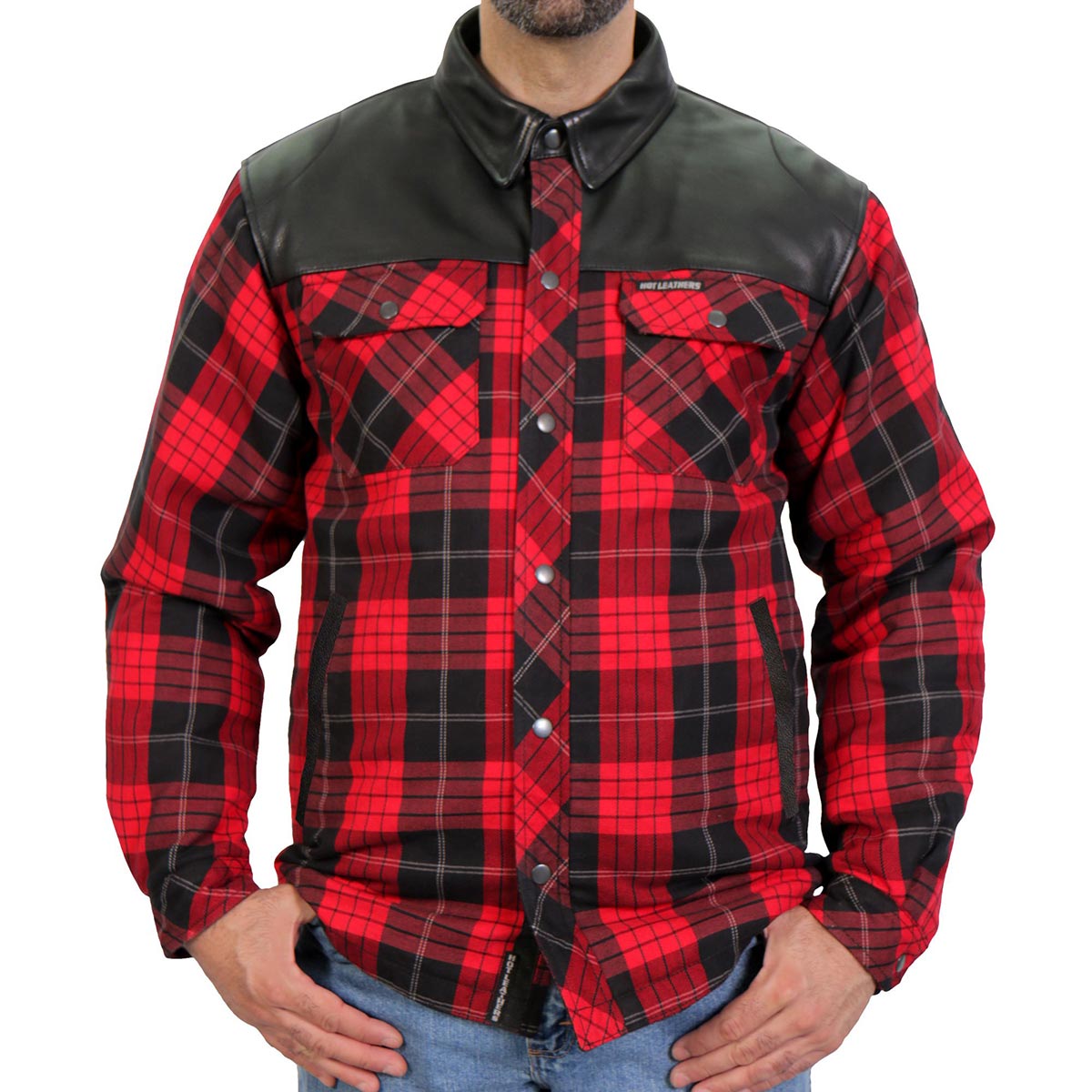 Hot Leathers JKM3201 Men's Red and Black Kevlar Reinforced Leather and Plaid Flannel Shirt