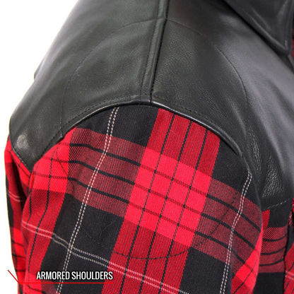Hot Leathers JKM3201 Men's Red and Black Kevlar Reinforced Leather and Plaid Flannel Shirt