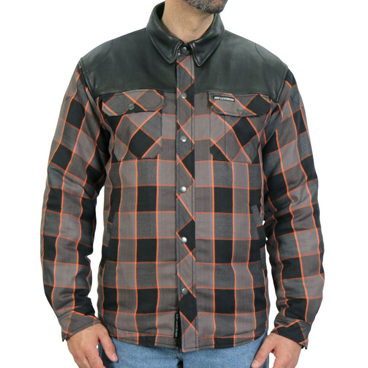 Hot Leathers JKM3202 Men’s CE Armored Flannel Motorcycle Shirt Jacket - Aramid Reinforced w/ Leather Shoulder Panels