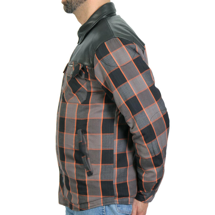 Hot Leathers JKM3202 Men’s CE Armored Flannel Motorcycle Shirt Jacket - Aramid Reinforced w/ Leather Shoulder Panels