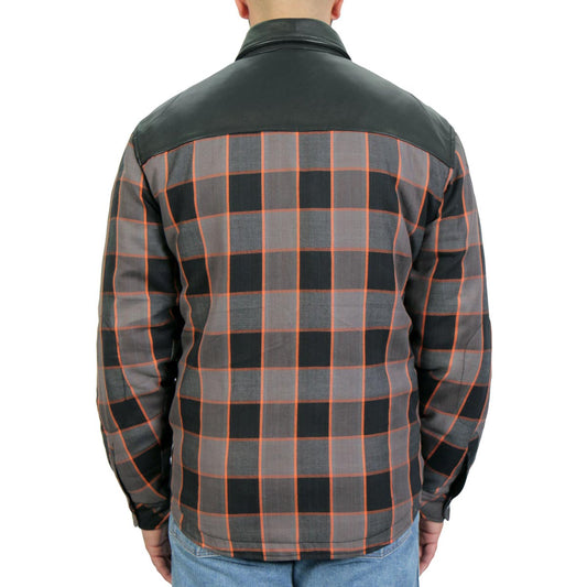 Hot Leathers JKM3202 Men's Grey Black and Orange Aramid Fibers Reinforced Leather and Plaid Flannel Shirt