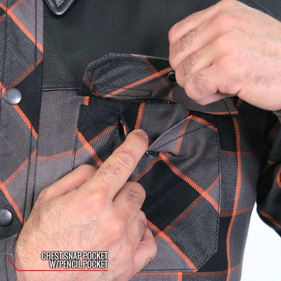 Hot Leathers JKM3202 Men’s CE Armored Flannel Motorcycle Shirt Jacket - Aramid Reinforced w/ Leather Shoulder Panels