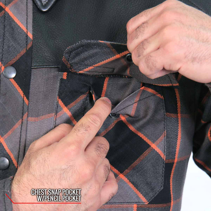 Hot Leathers JKM3202 Men’s CE Armored Flannel Motorcycle Shirt Jacket - Aramid Reinforced w/ Leather Shoulder Panels