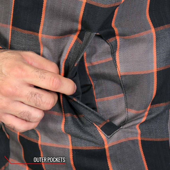 Hot Leathers JKM3202 Men’s CE Armored Flannel Motorcycle Shirt Jacket - Aramid Reinforced w/ Leather Shoulder Panels