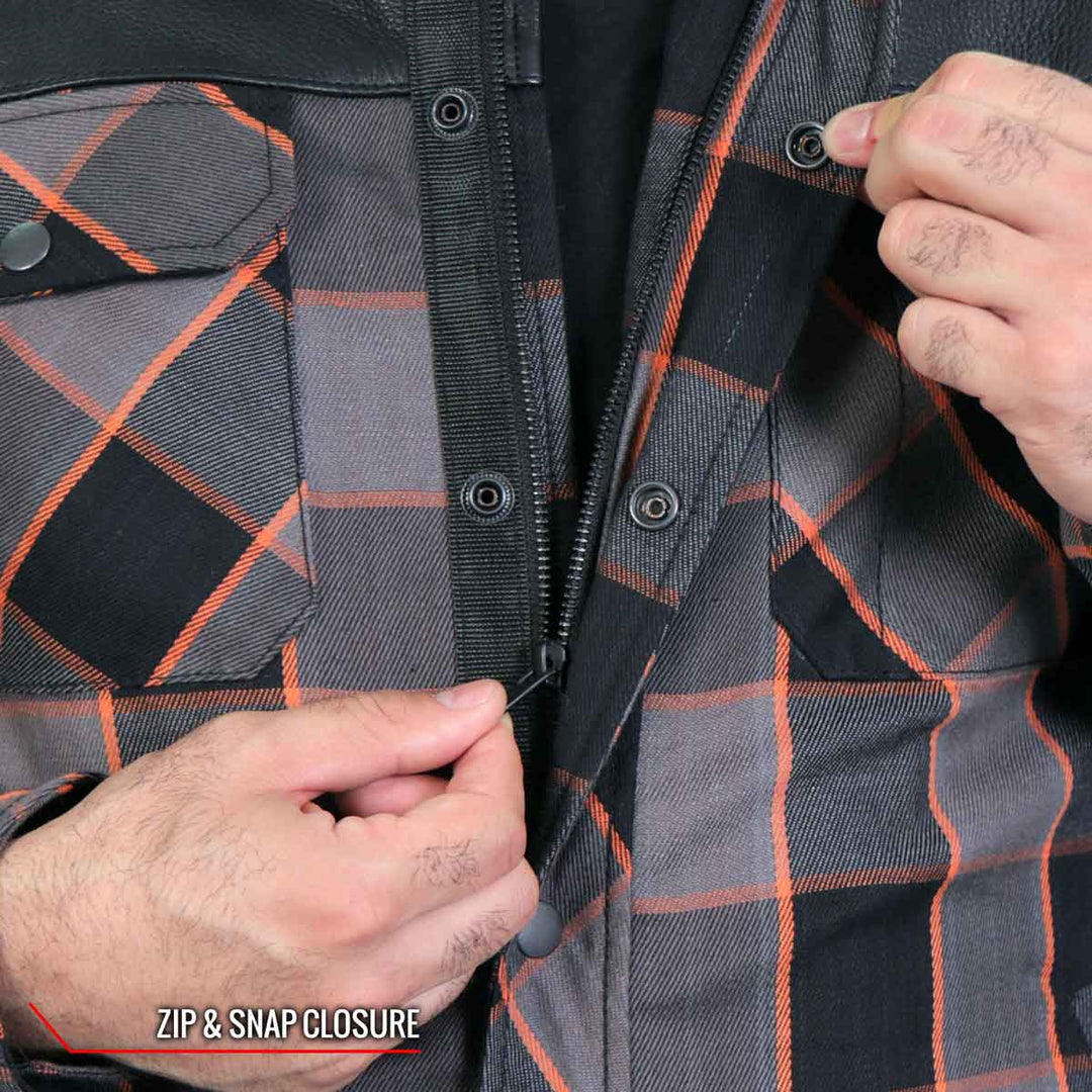 Hot Leathers JKM3202 Men’s CE Armored Flannel Motorcycle Shirt Jacket - Aramid Reinforced w/ Leather Shoulder Panels