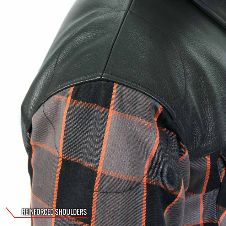 Hot Leathers JKM3202 Men’s CE Armored Flannel Motorcycle Shirt Jacket - Aramid Reinforced w/ Leather Shoulder Panels