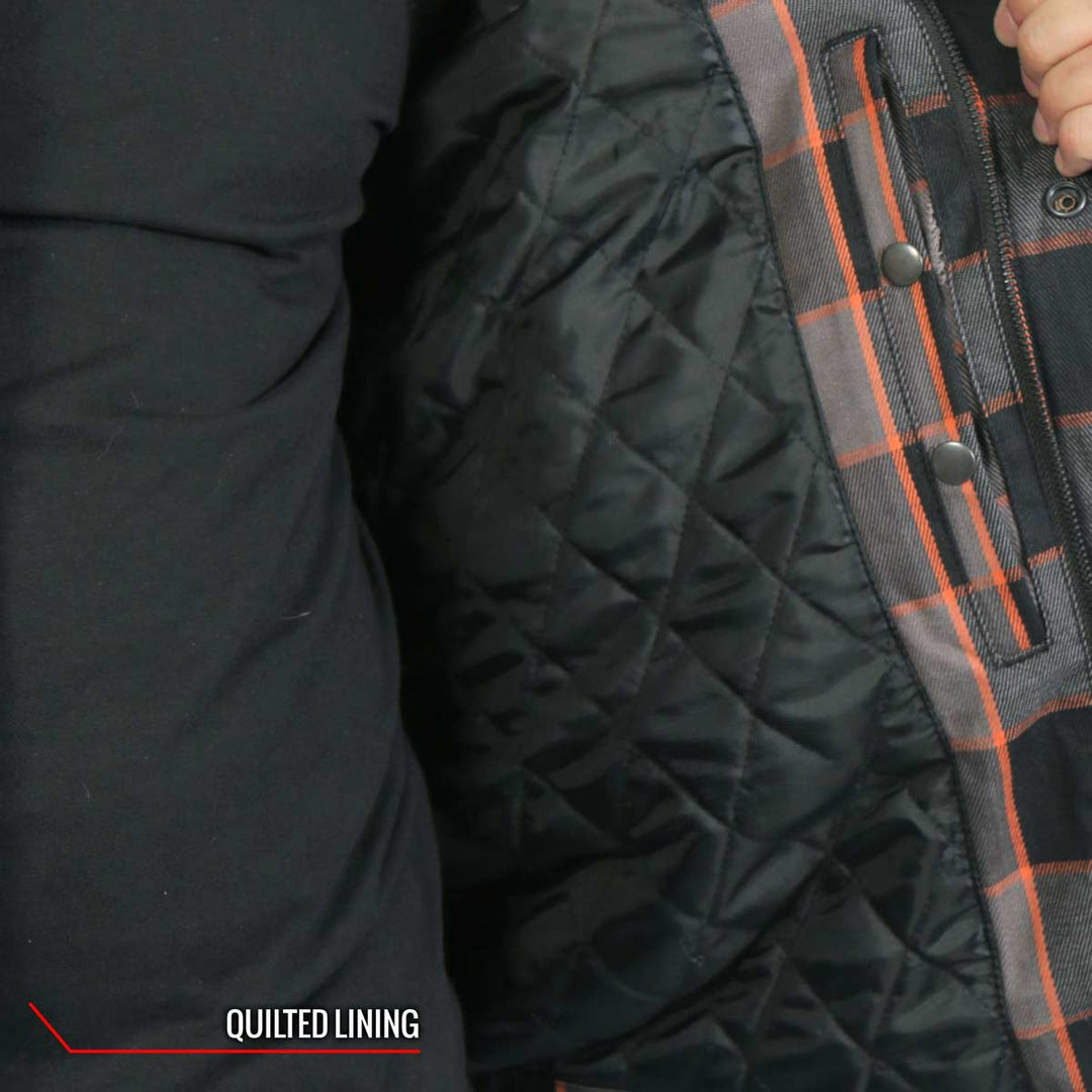 Hot Leathers JKM3202 Men’s CE Armored Flannel Motorcycle Shirt Jacket - Aramid Reinforced w/ Leather Shoulder Panels