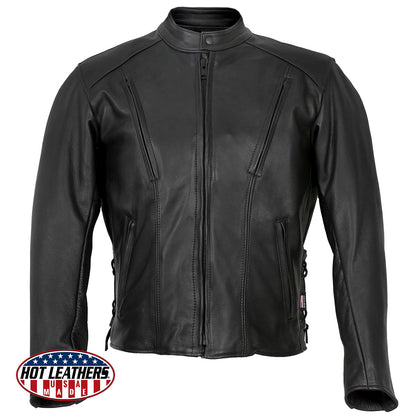Hot Leathers JKM5002 USA Made Men's Black Vented Premium Leather Motorcycle Jacket with Side Lace