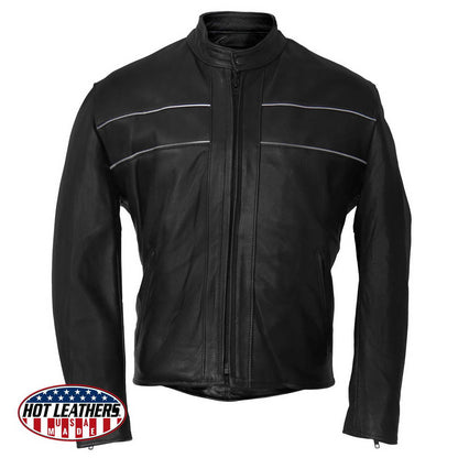 Hot Leathers JKM5003 USA Made Men's Premium Black Leather Motorcycle Jacket with Reflective Piping