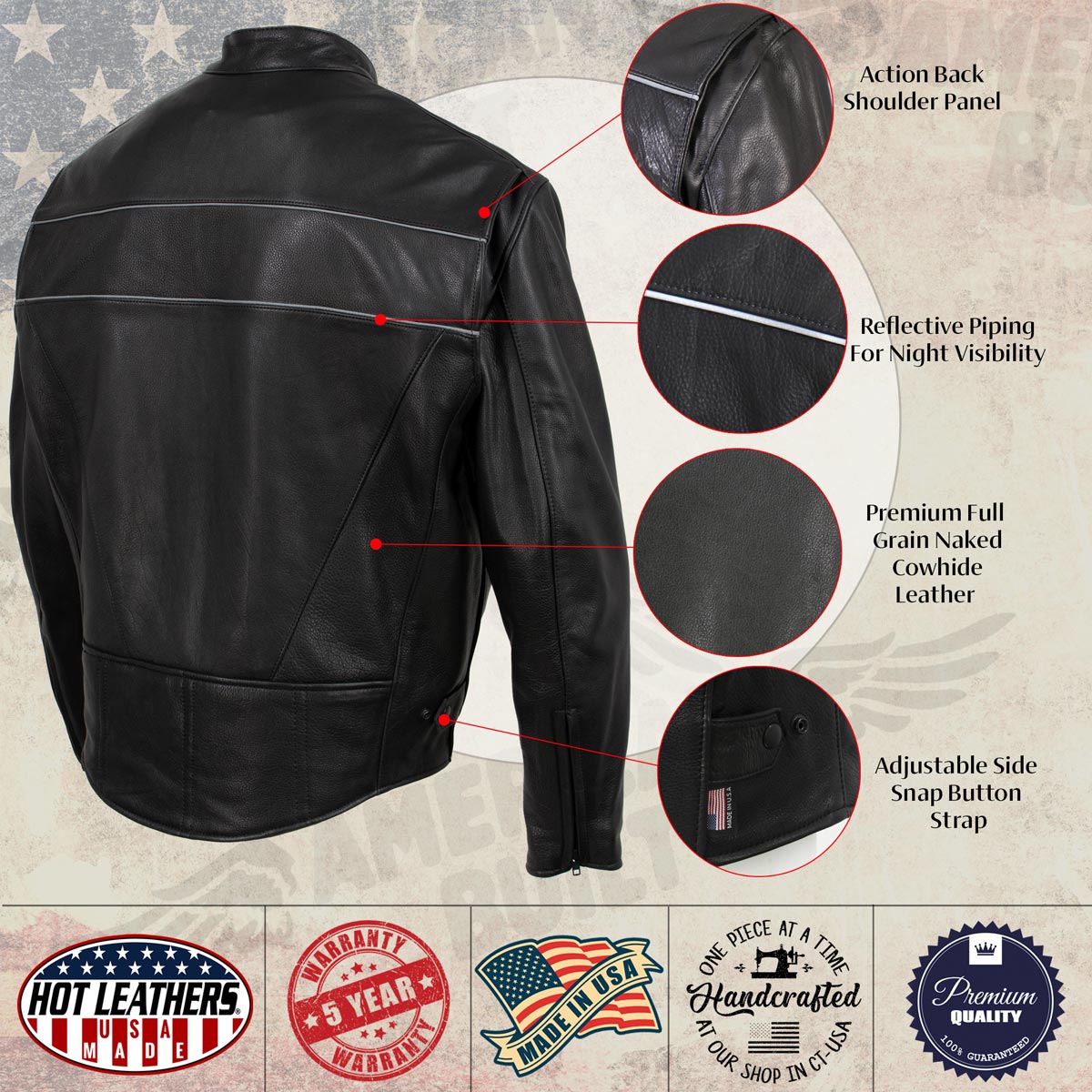 Hot Leathers JKM5003 USA Made Men's 'Echo' Premium Black Leather Motorcycle Jacket with Reflective Piping