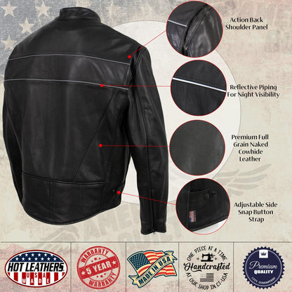 Hot Leathers JKM5003 USA Made Men's 'Echo' Premium Black Leather Motorcycle Jacket with Reflective Piping