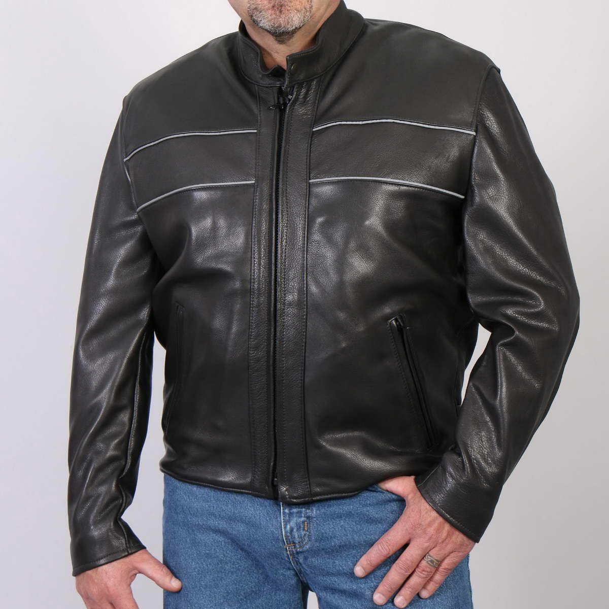 Hot Leathers JKM5003 USA Made Men's Premium Black Leather Motorcycle Jacket with Reflective Piping