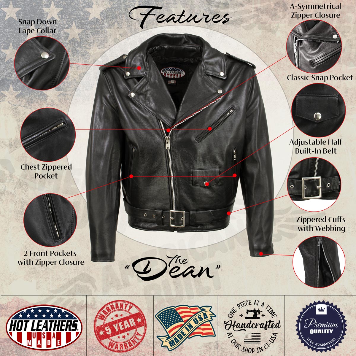 Hot Leathers JKM5009 USA Made Men's 'The Dean' Black Premium Leather Throwback Motorcycle Jacket