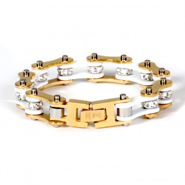 Hot Leathers JWB3109 White and Gold Motorcycle Chain Stainless Steel Bracelets