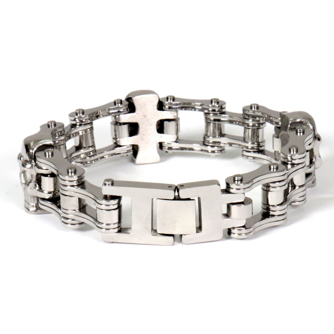 Hot Leathers JWB4109 Double Wide Silver Motorcycle Chain Skull Bracelet