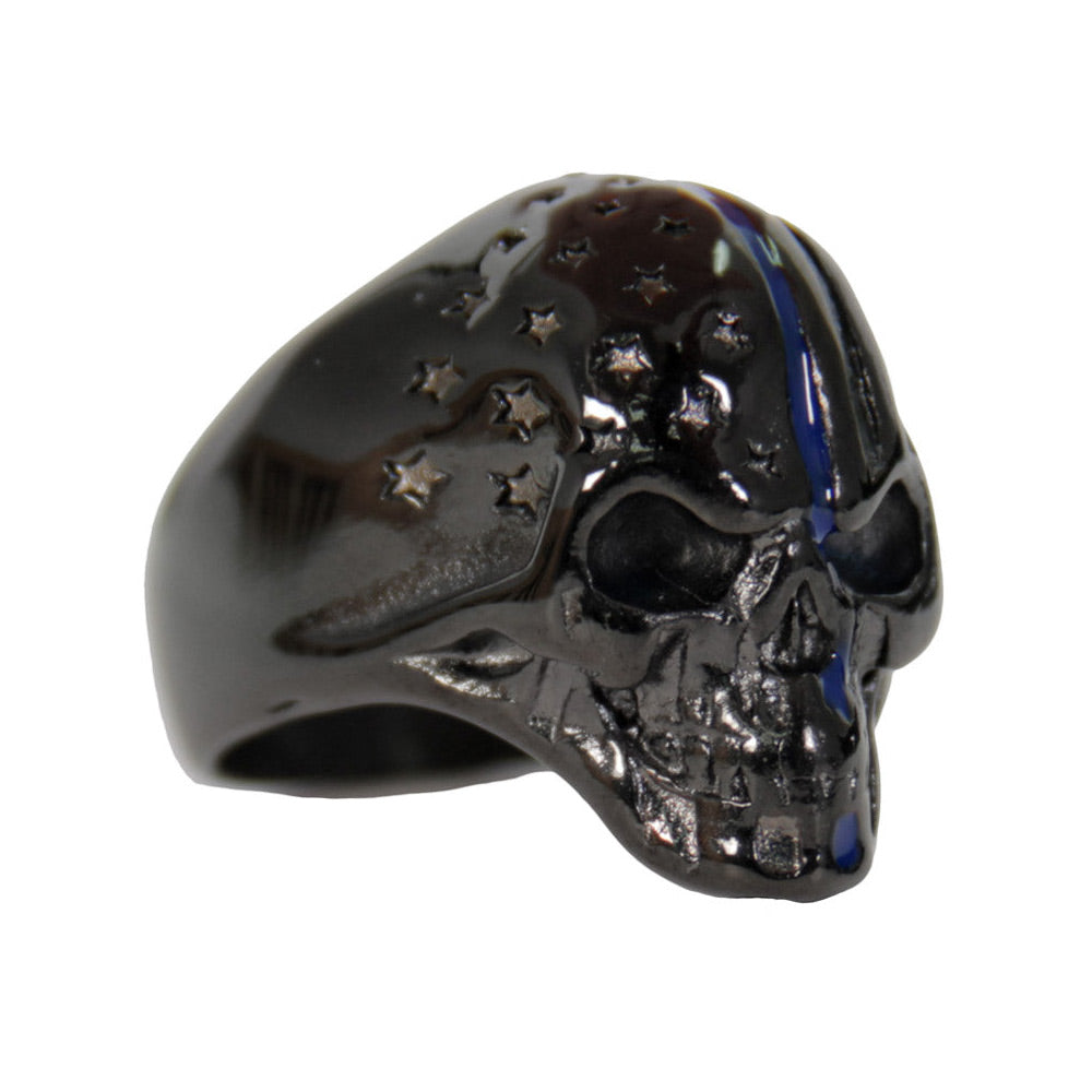 Hot Leathers JWR2130 Men's Black 'Police Flag Skull' Stainless Steel Ring