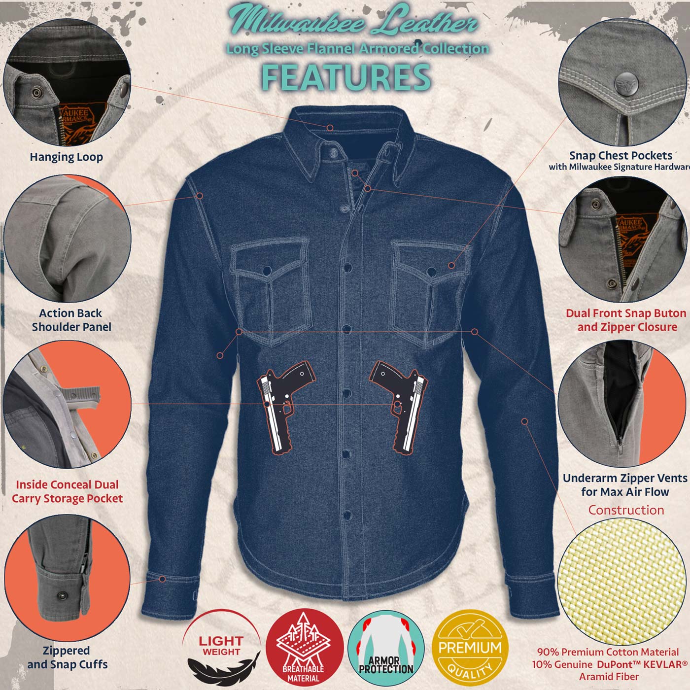 Milwaukee Leather MPM1621 Men's Grey Long Sleeve Flannel Biker Shirt w/ CE Armor - Reinforced w/ Aramid Fibers