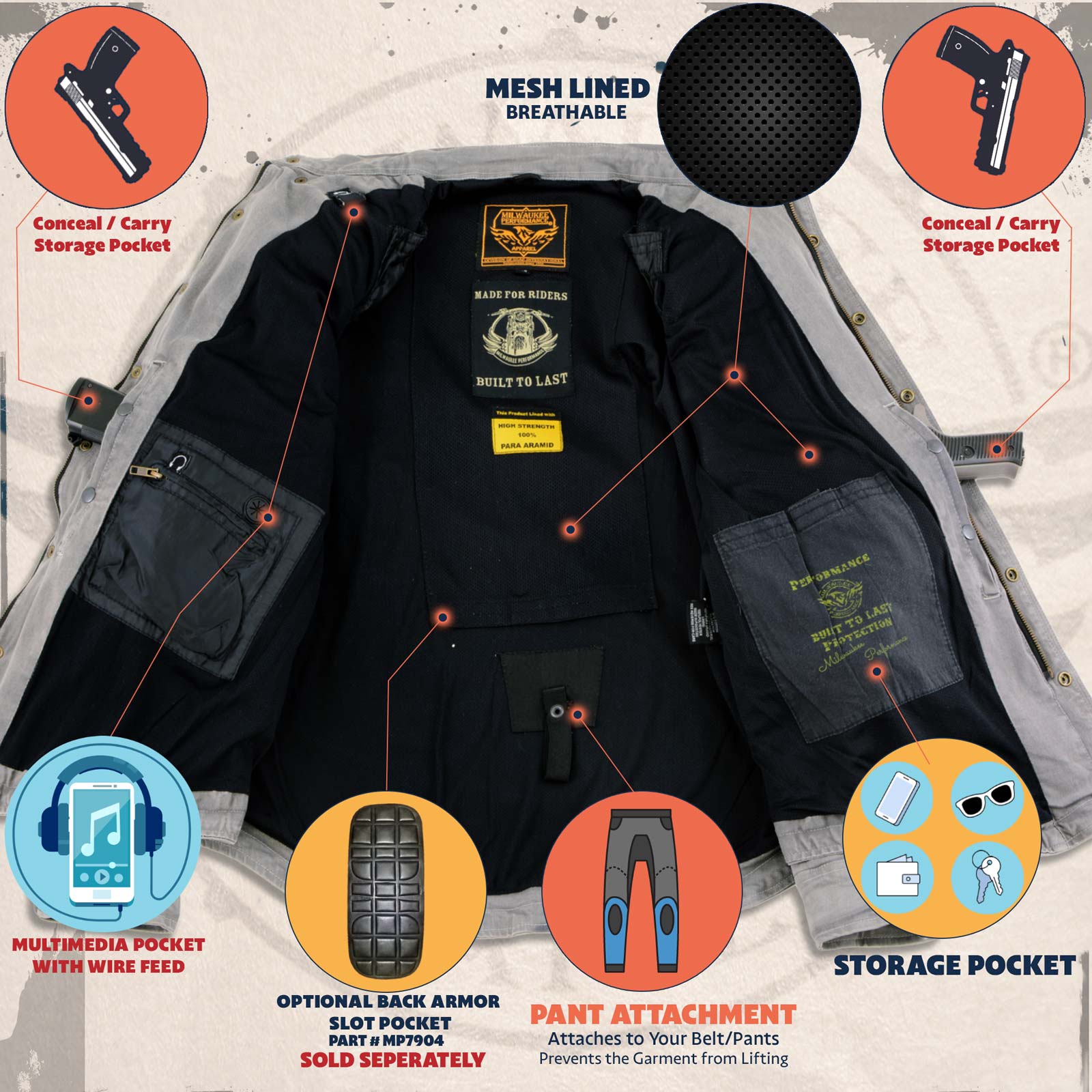 Milwaukee Leather Men’s Titans Orange & Black Plaid Hooded Riding Shirt w/ CE Armor & Aramid Fiber Panels - MPM1642