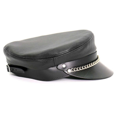 Hot Leathers Flat Top Biker Leather Cap With Chain LHA2004