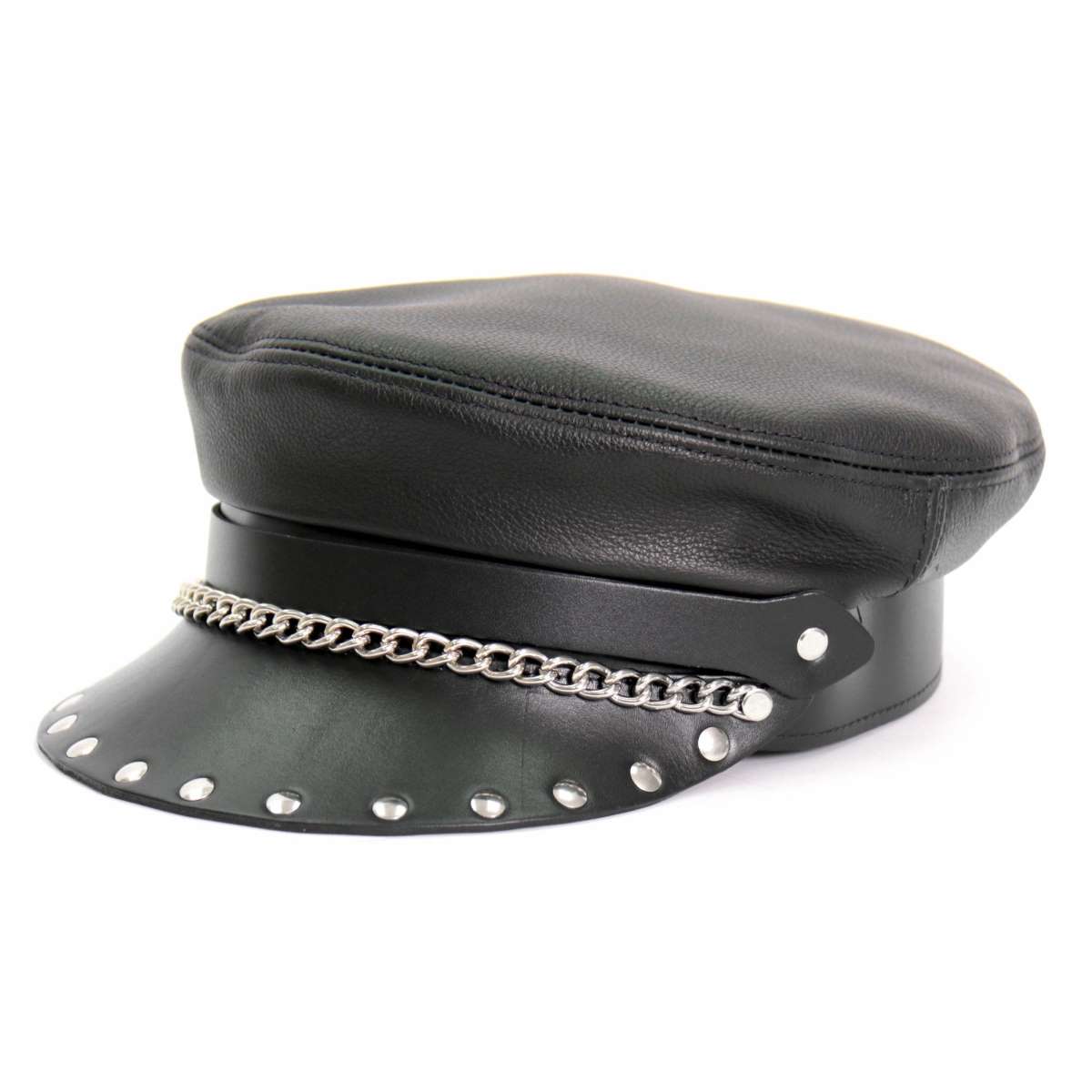 Hot Leathers Flat Top Biker Leather Cap with Rivets LHA2005