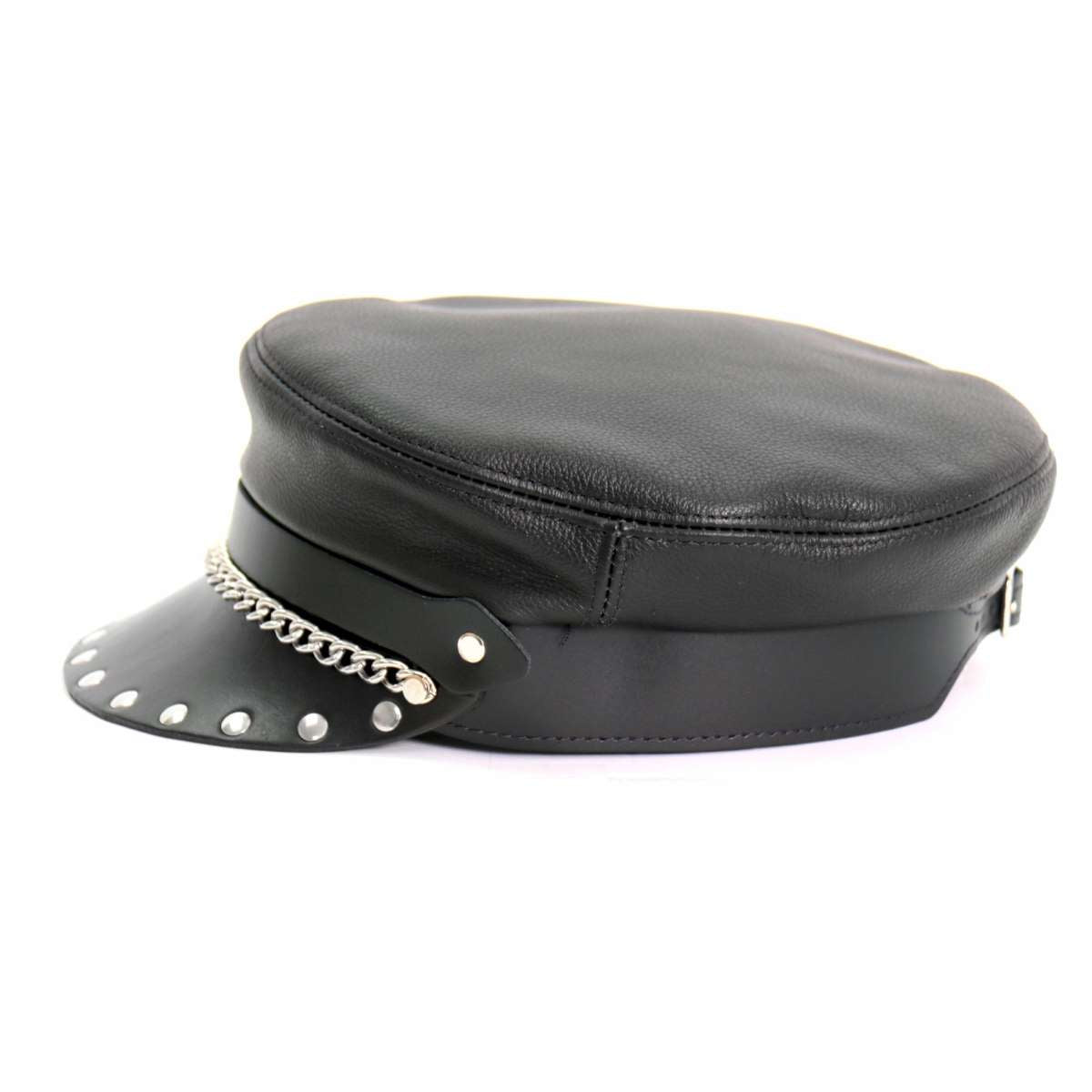 Hot Leathers Flat Top Biker Leather Cap with Rivets LHA2005