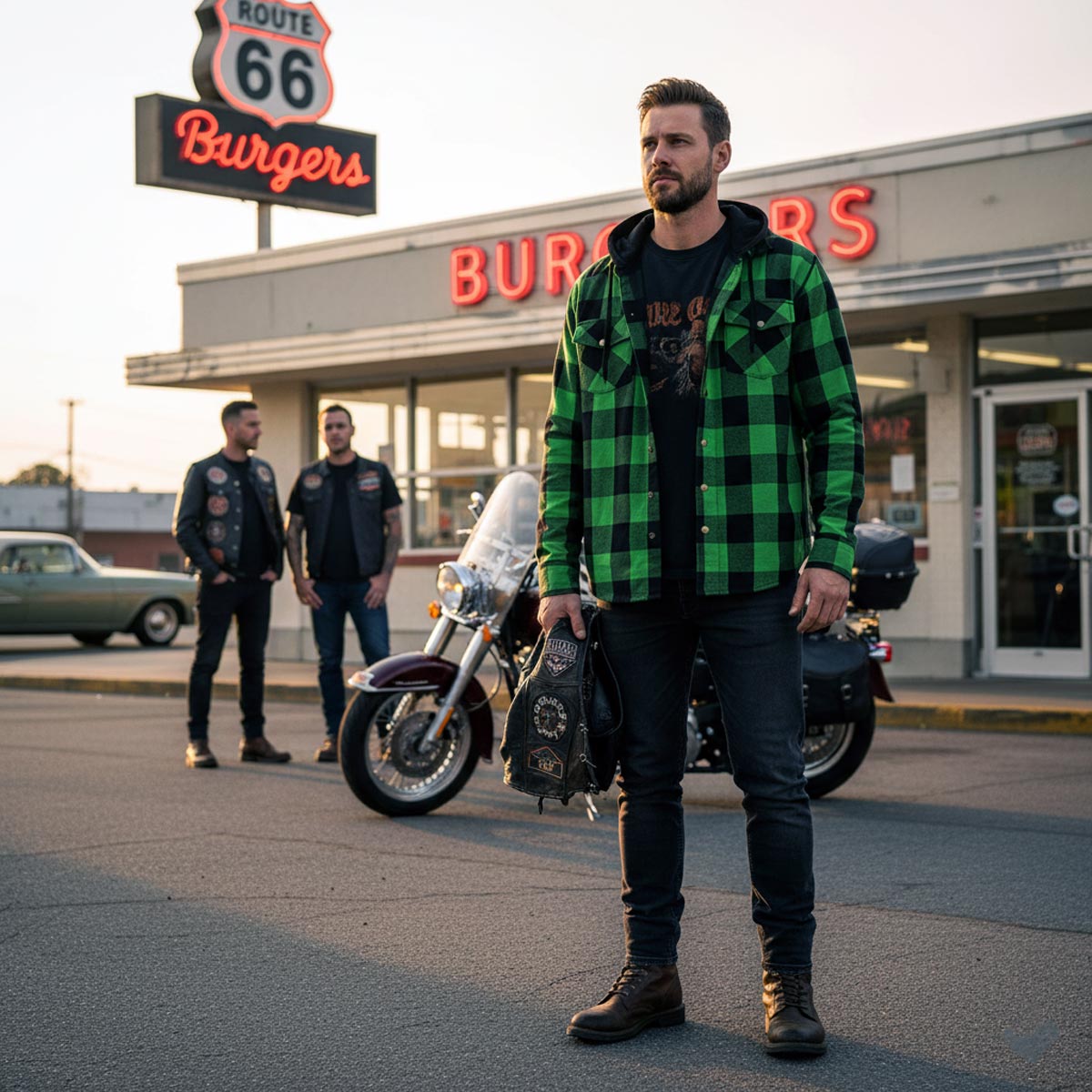 Milwaukee Leather Men’s Titans Green and Black Plaid Hooded Riding Shirt w/ CE Armor & Aramid Fiber Panels - MPM1659