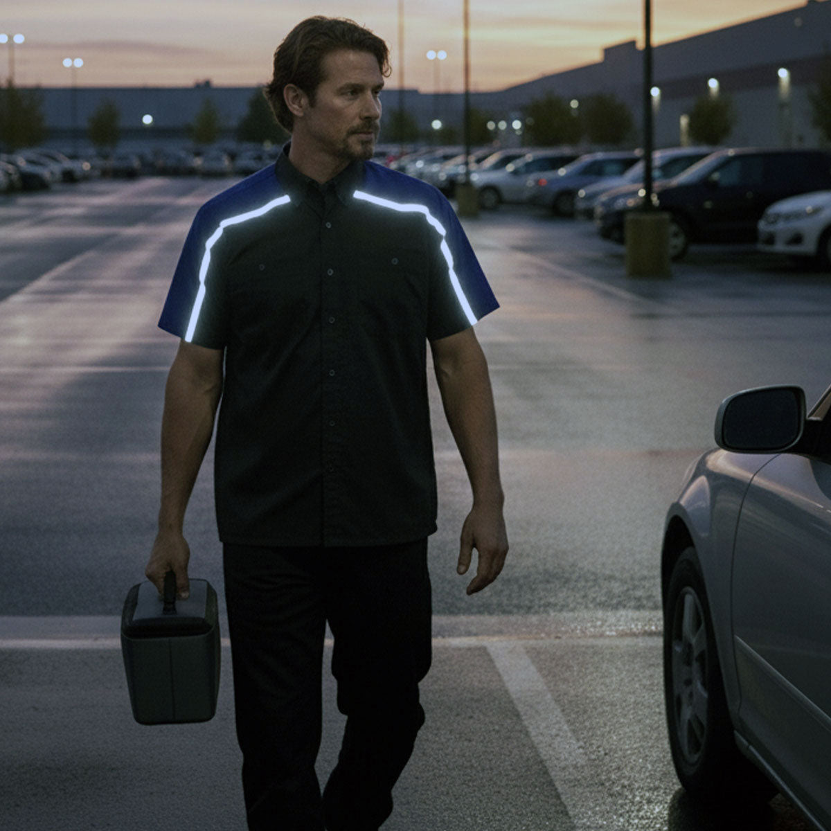 Milwaukee Motorcycle Clothing Co. Men’s Blk/Blu Mechanic Work Shirt – w / Reflective Strip, Rider‑Built MDM11602