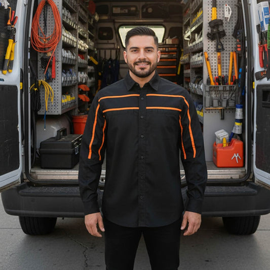 MMCC Men's Octane Long Sleeve Mechanic Shirt - Black with Orange Stripe - 50-50 Cotton Poly - MMCC16003