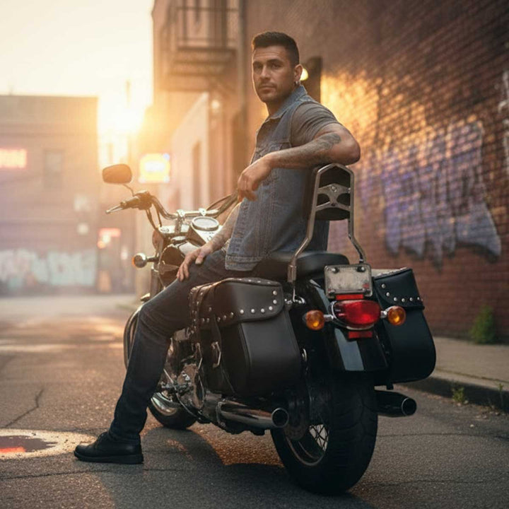 Milwaukee Leather SH645ZB Black 2-Strap PVC Zip Off Throw Over Motorcycle Saddlebags with Chrome Studs